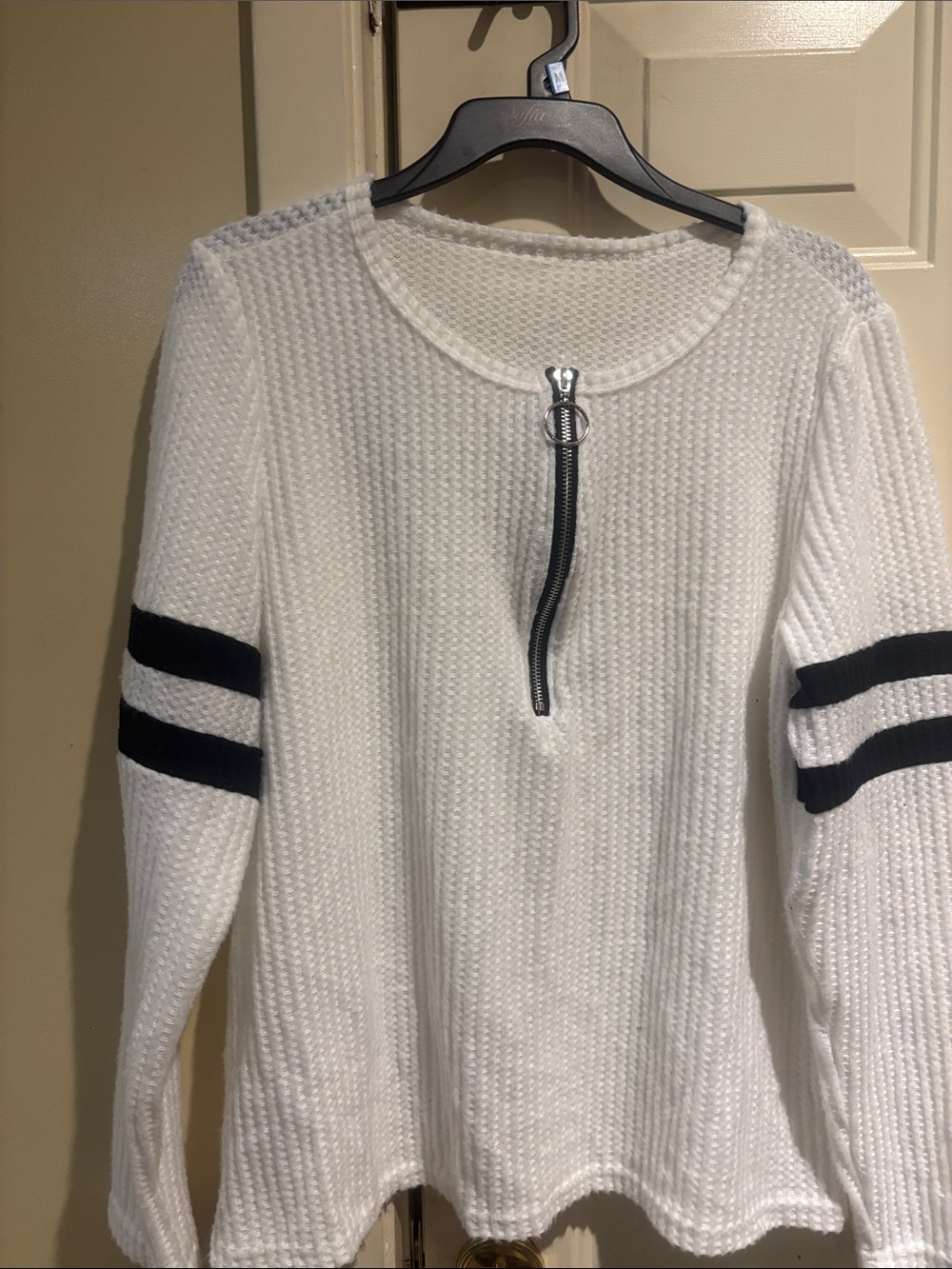 White Knit Half-Zip Sweater with Black Sleeve Stripes